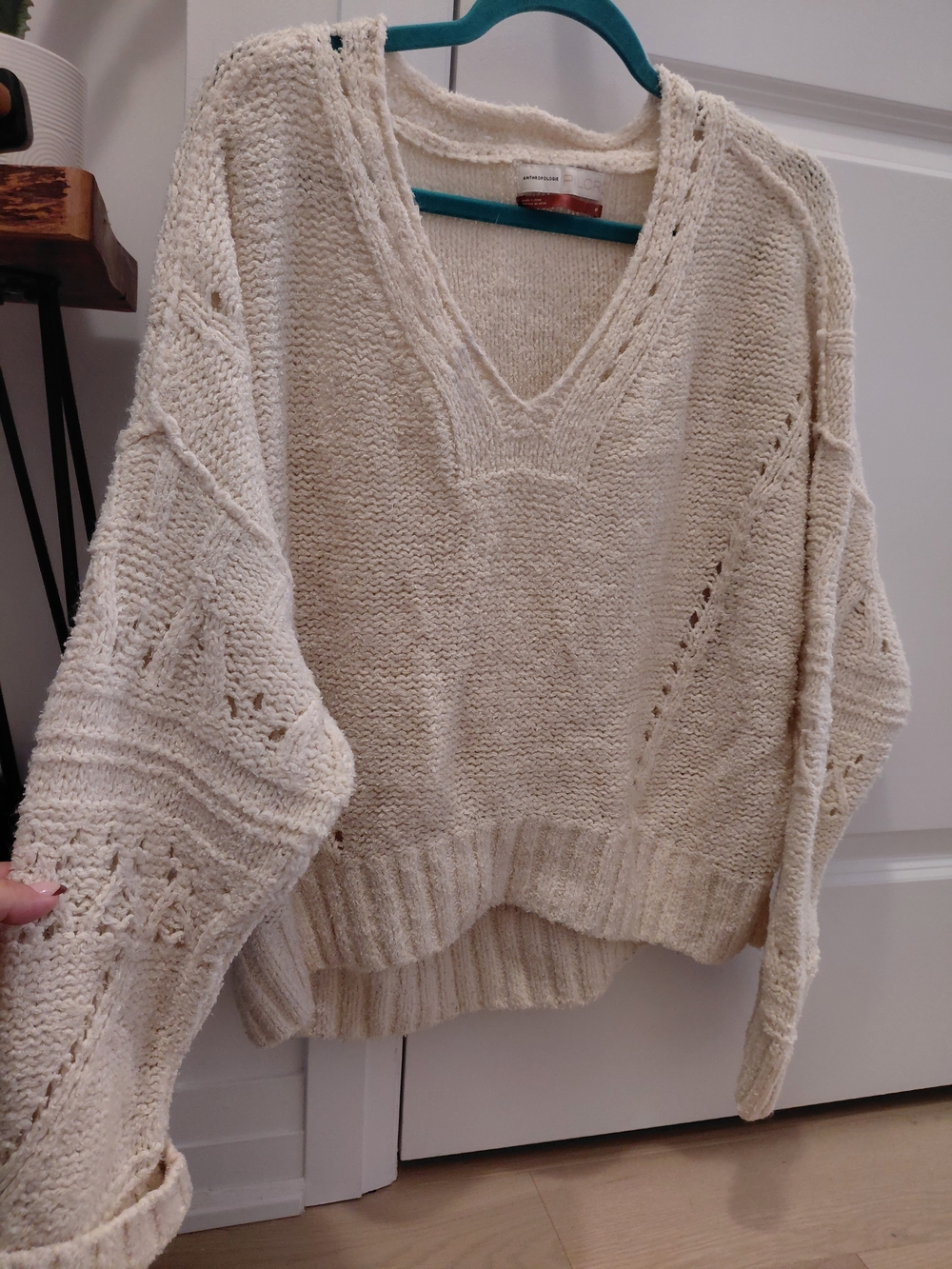 Anthropologie Cream V-Neck Openwork Pullover Sweater